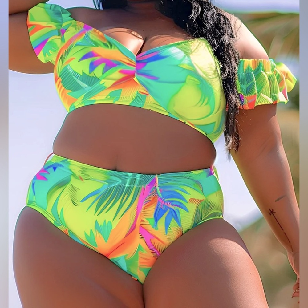 NWT! Xpluswear Beach Multicolor Tropical Print Two Piece Bikini Swimsuit size XL